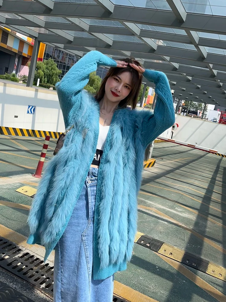 Frauen Echt Fuchs Pelz Stricken OverSize Lose Frühling Fuchs Pelz Streifen Gemeinsamen Genäht Außerhalb Dekoration dame Mode Pullover Mantel