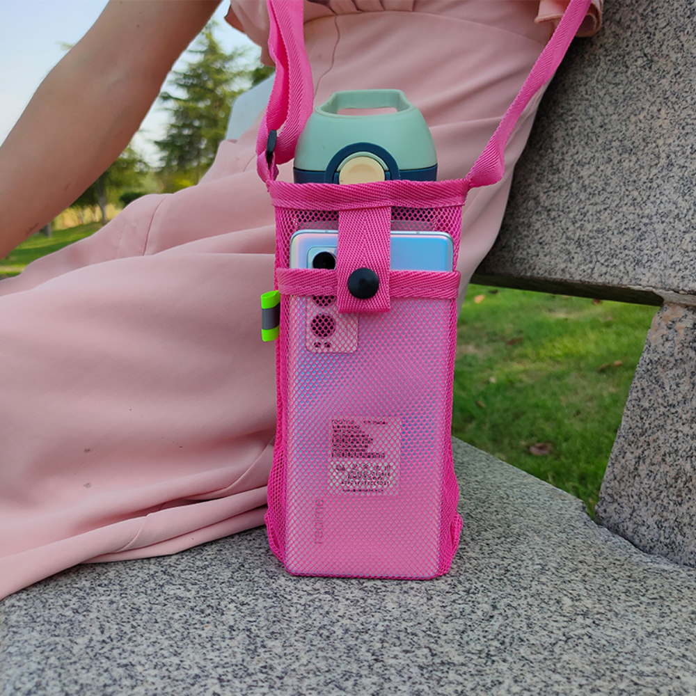 Bolsa de rede de armazenamento crossbody ao ar livre com capa de copo de água e capa protetora para esportes, viagens, acampamento