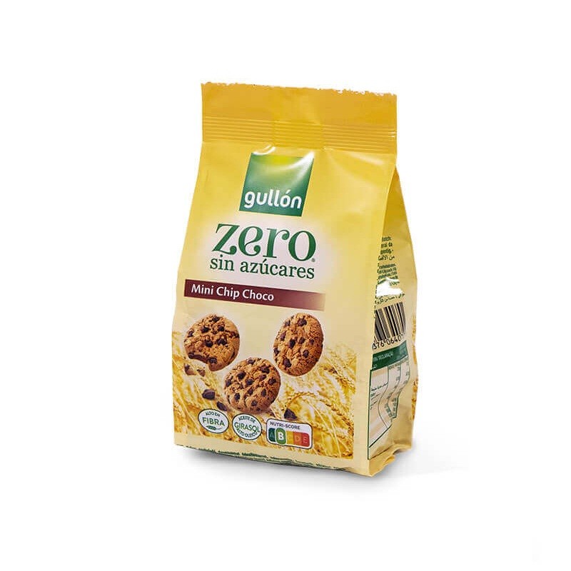 Choco ZERO Mini Chip Gullon-caixa com 12 peças-Choco ZERO Mini Chip biscoitos são vegetarianos, feitos com óleo de girassol alto oleico e açúcares adicionados ZERO