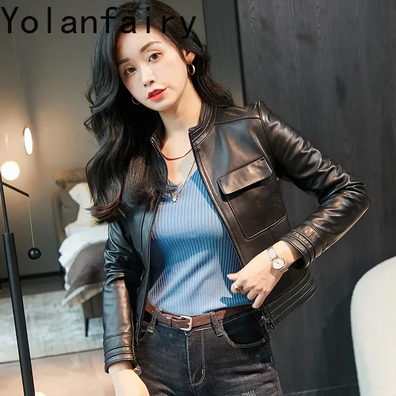Chaqueta de cuero genuino de alta calidad para mujer, abrigo corto de piel de oveja auténtica, chaquetas de motociclista, gran oferta, primavera y otoño, 2023
