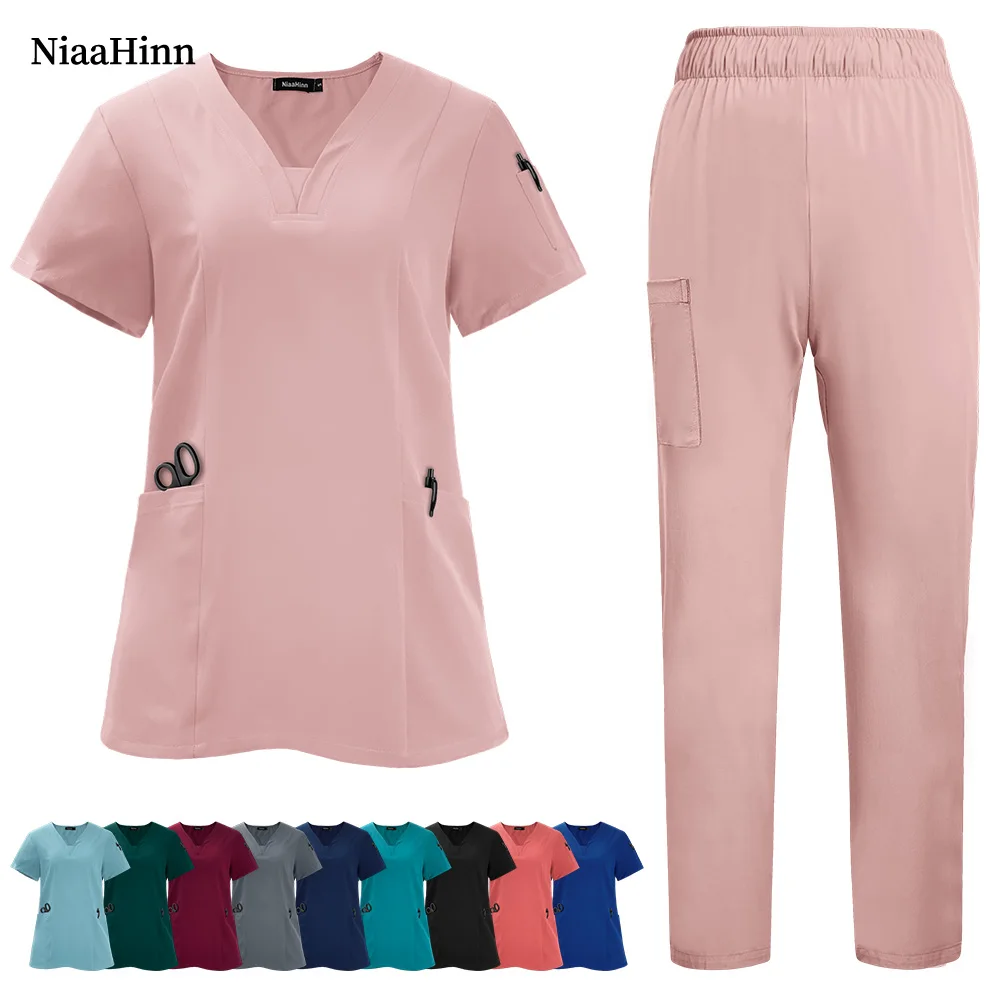 Medizinische Krankenschwester-Uniform, schnell trocknend, für die Tierpflege, Arbeitskleidung, Arzt-Bekleidungssets, OP-Kittel, kurzärmelig, elastische Hose