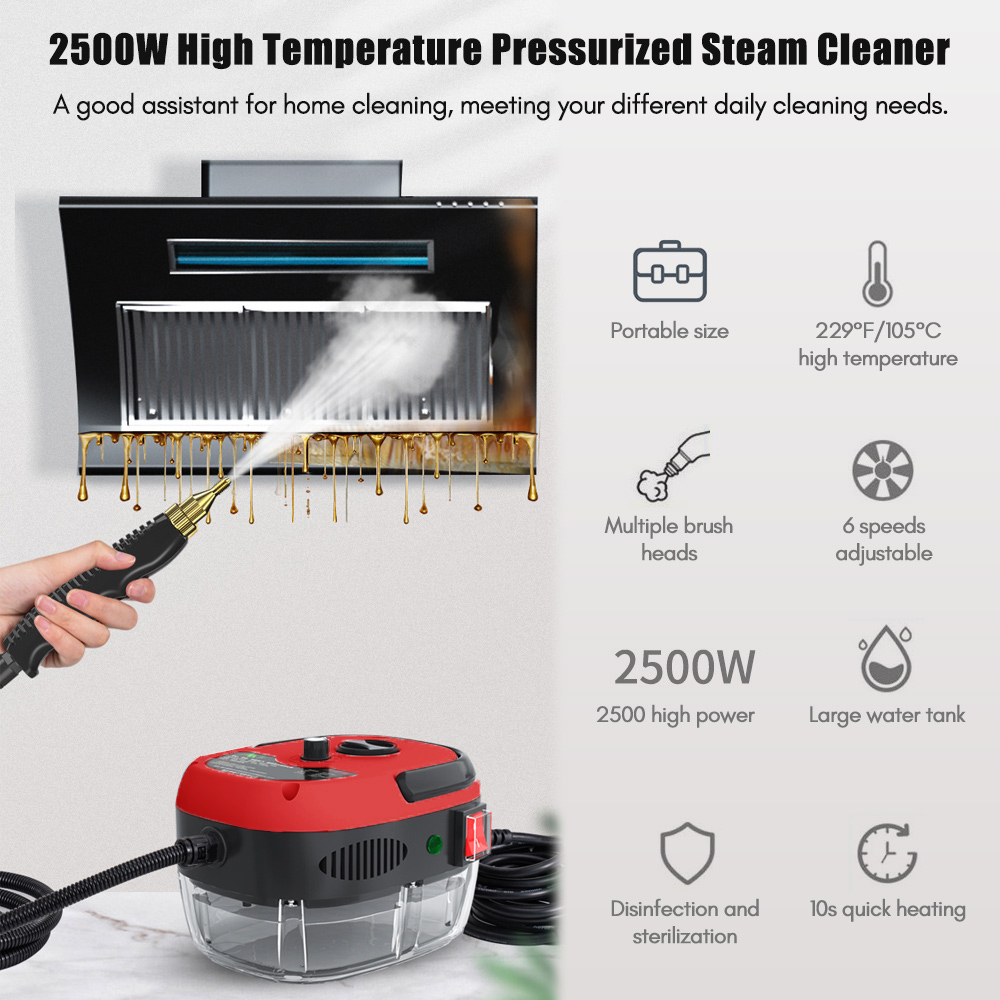 2500 W draagbare draagbare stoomreiniger, stoomreinigingsmachine op hoge temperatuur met borstelkoppen voor keukenmeubilair