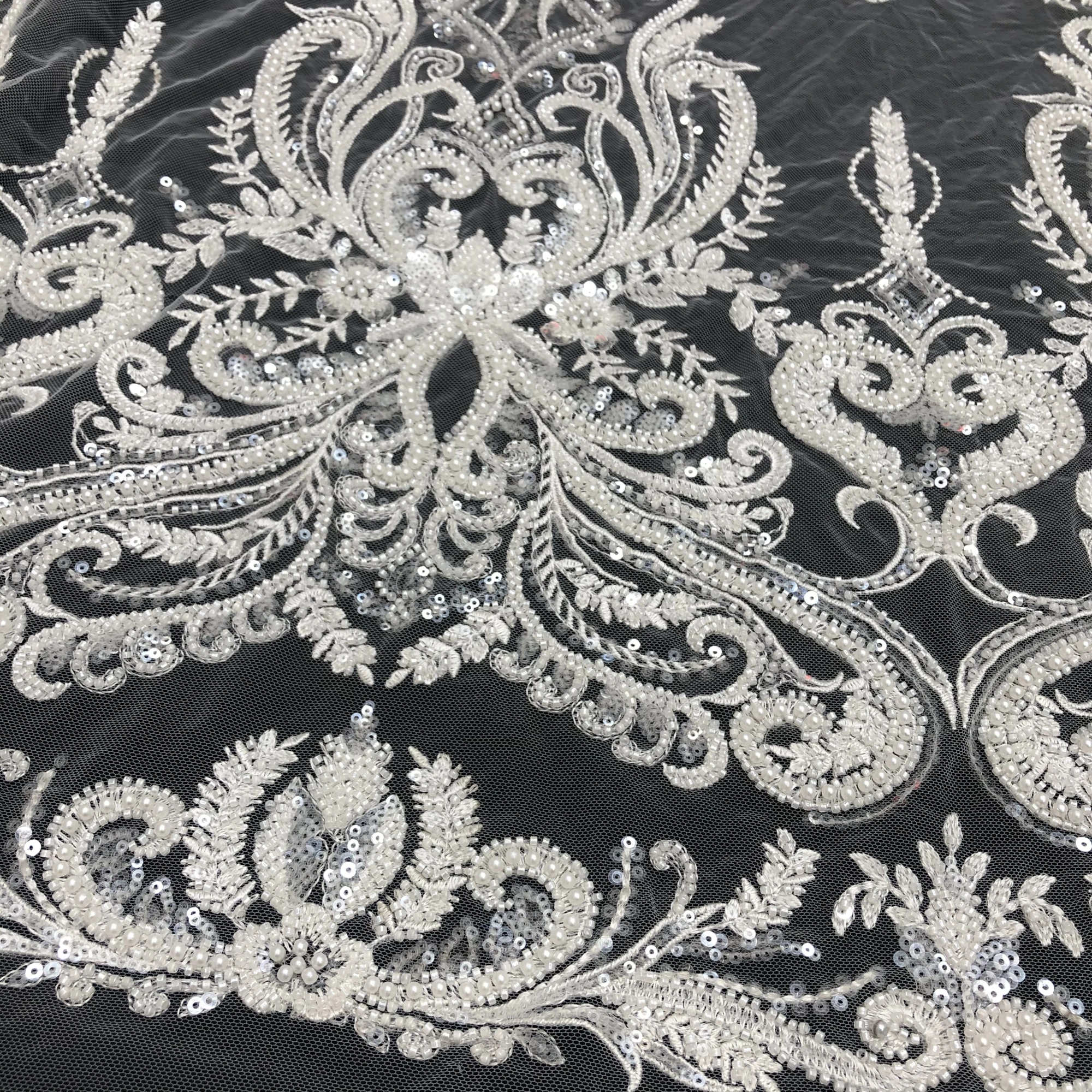 Luxury High-Quality Sequin Beads Embroidered Lace Fabric Suitable For Private Custom Wedding Dresses