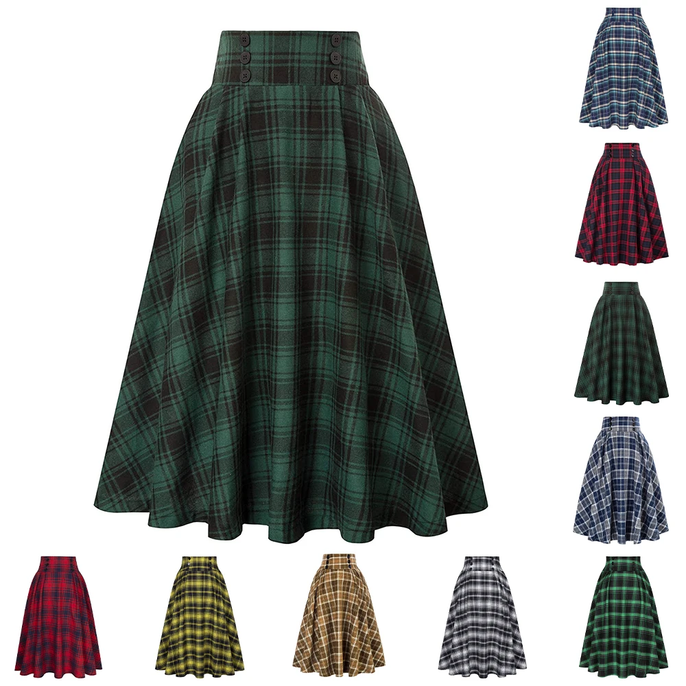 SISHION 2025 Autunno Nuovo A Line Bottoni altalena Gonna lunga midi vintage SS0037 Gonne scozzesi a vita alta rosso verde per le donne Jupe