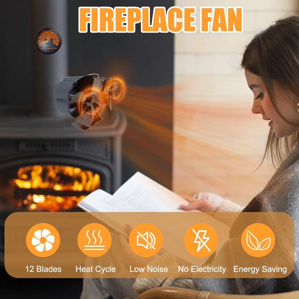 Fogão a lenha Calor Powered Dual Silent Motors 4 lâminas não elétricas lareira de calor ventilador com suporte e termômetro magnético