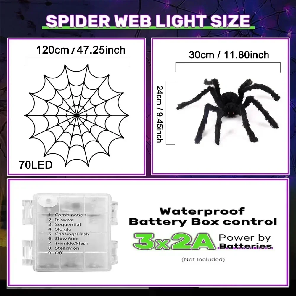 Impermeável Spider Web Lights para Halloween, Bateria, Decoração interior, Holiday Festival, ao ar livre, 70 LED