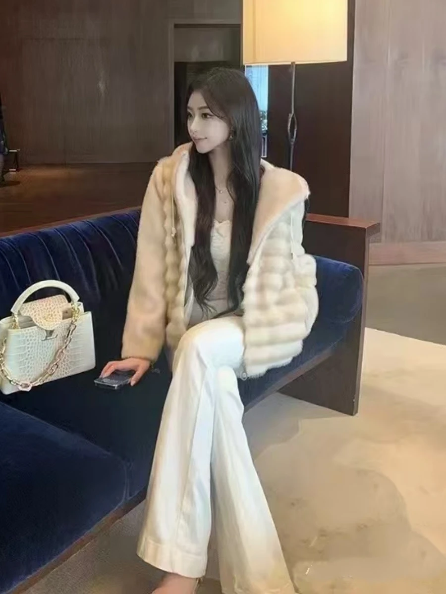 Jaqueta Curta de Inverno para Mulheres, Estilo Solto, Com Mangas de Pele de Mink, Casaco com Capuz, Estilo de Trabalho, Fecha...