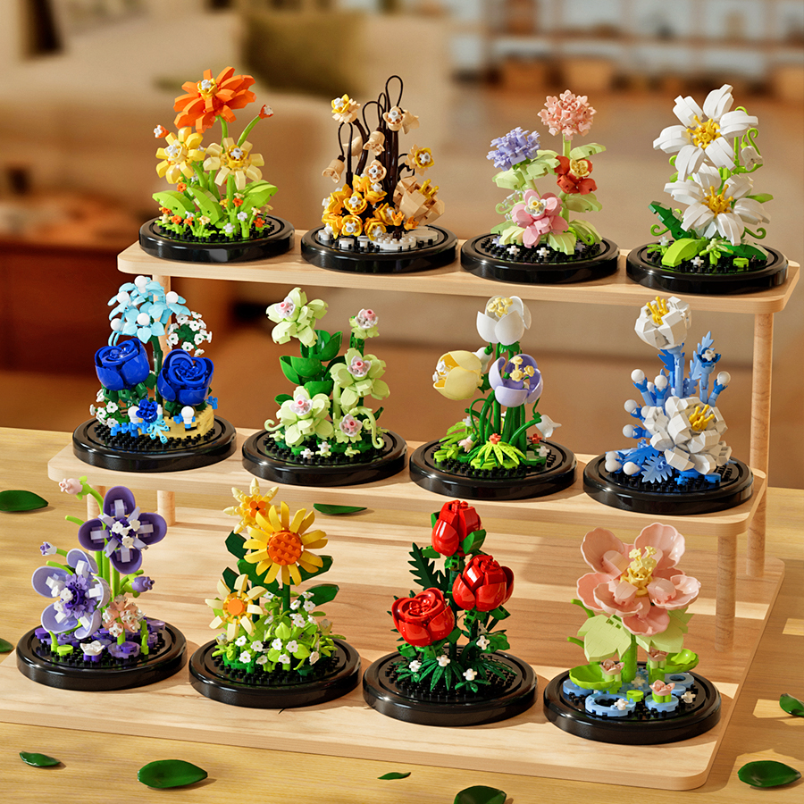 Bouquet de Construction en Pot avec Simulation de Nuit, Puzzle Créatif, Fleur Éternelle, Rose, Décoration de Maison