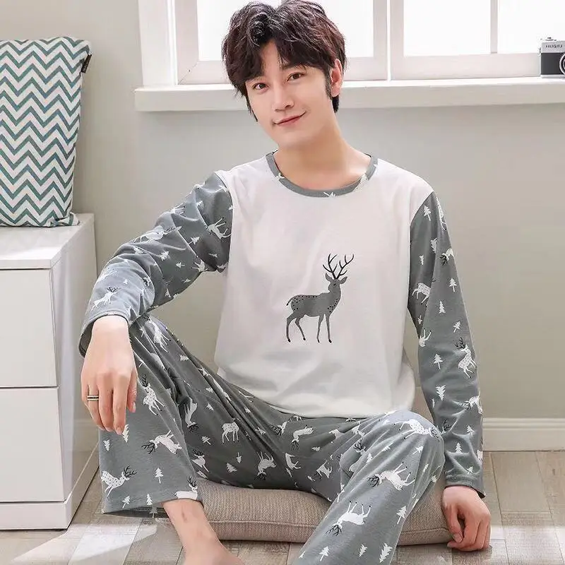 2er-Set Herren-Pyjama-Set mit langen Ärmeln, langen Hosen, Studenten-Nachtwäsche, Homewear, Cartoon-O-Ausschnitt, gestreifte Nachtwäsche, Loungewear