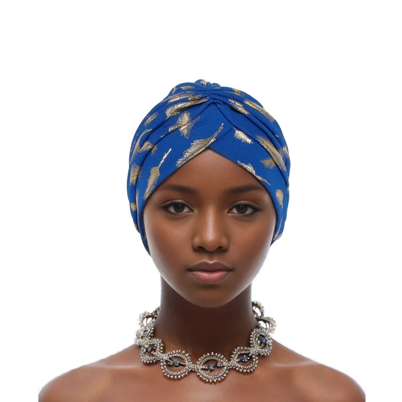 Pena ouro carimbo tecido turbante boné para mulheres africano envoltório cabeça bonnet muçulmano sob cachecol chapéu turbante mujer