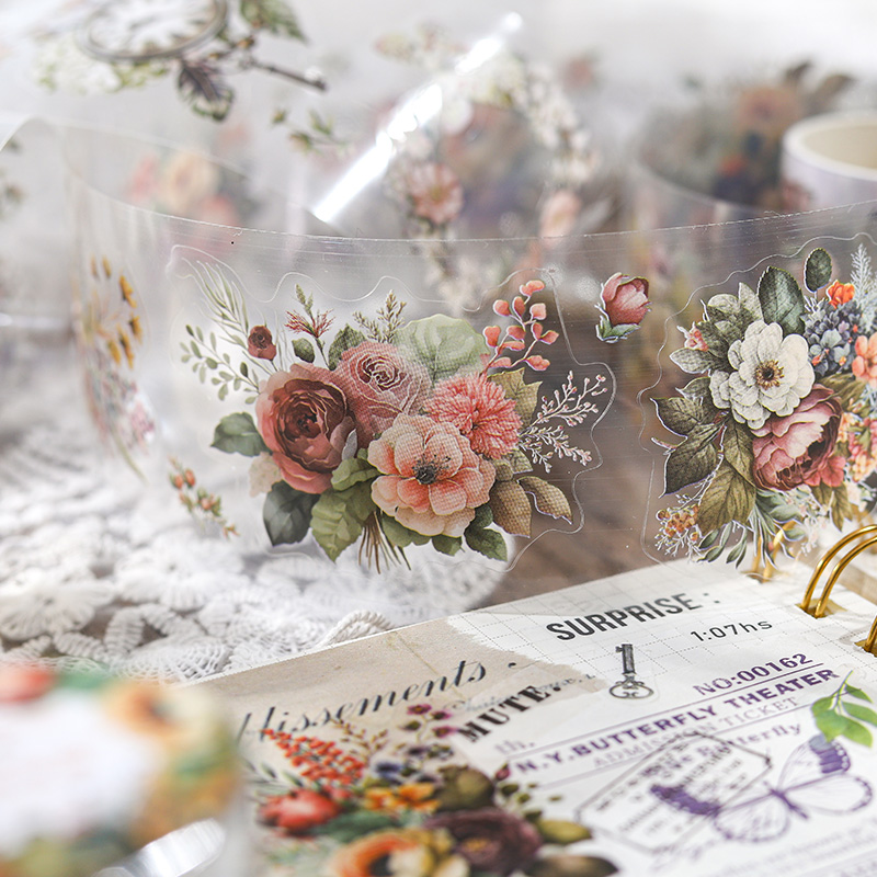 200 ซม./ม้วนสัตว์เลี้ยง Retro ดอกไม้เทปหมึกสีขาวตัดฟิล์มที่มีสีสัน Bouquet Series รูปพิเศษคู่มือภูมิทัศน์วัสดุสติกเกอร์