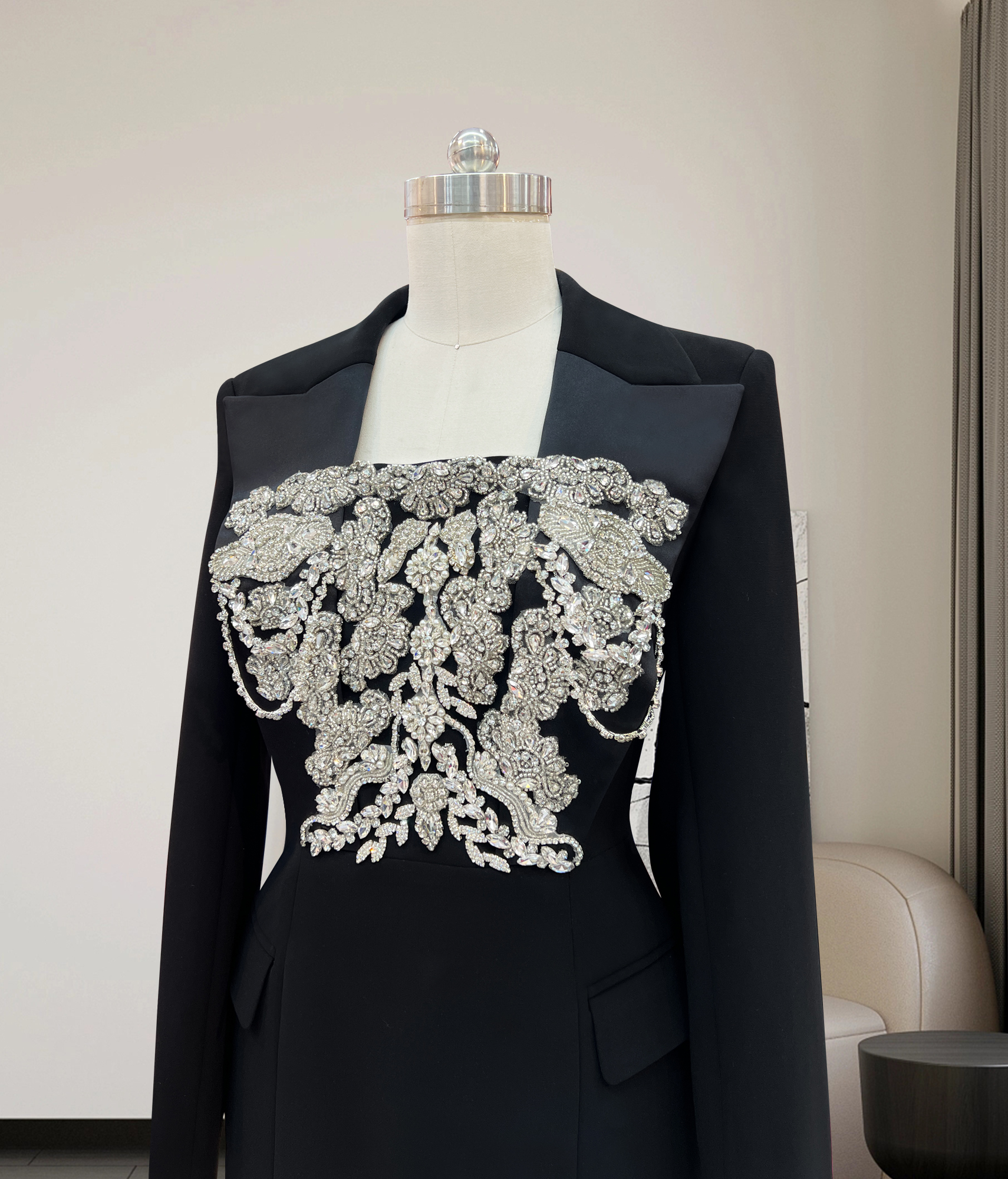 New Summer 3D Square Neck Black Beaded A-line Dress