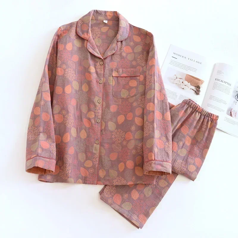 2025 nova primavera e verão pijamas femininos terno calças de manga comprida de duas peças 100% algodão crepe flor folhas roupas para casa