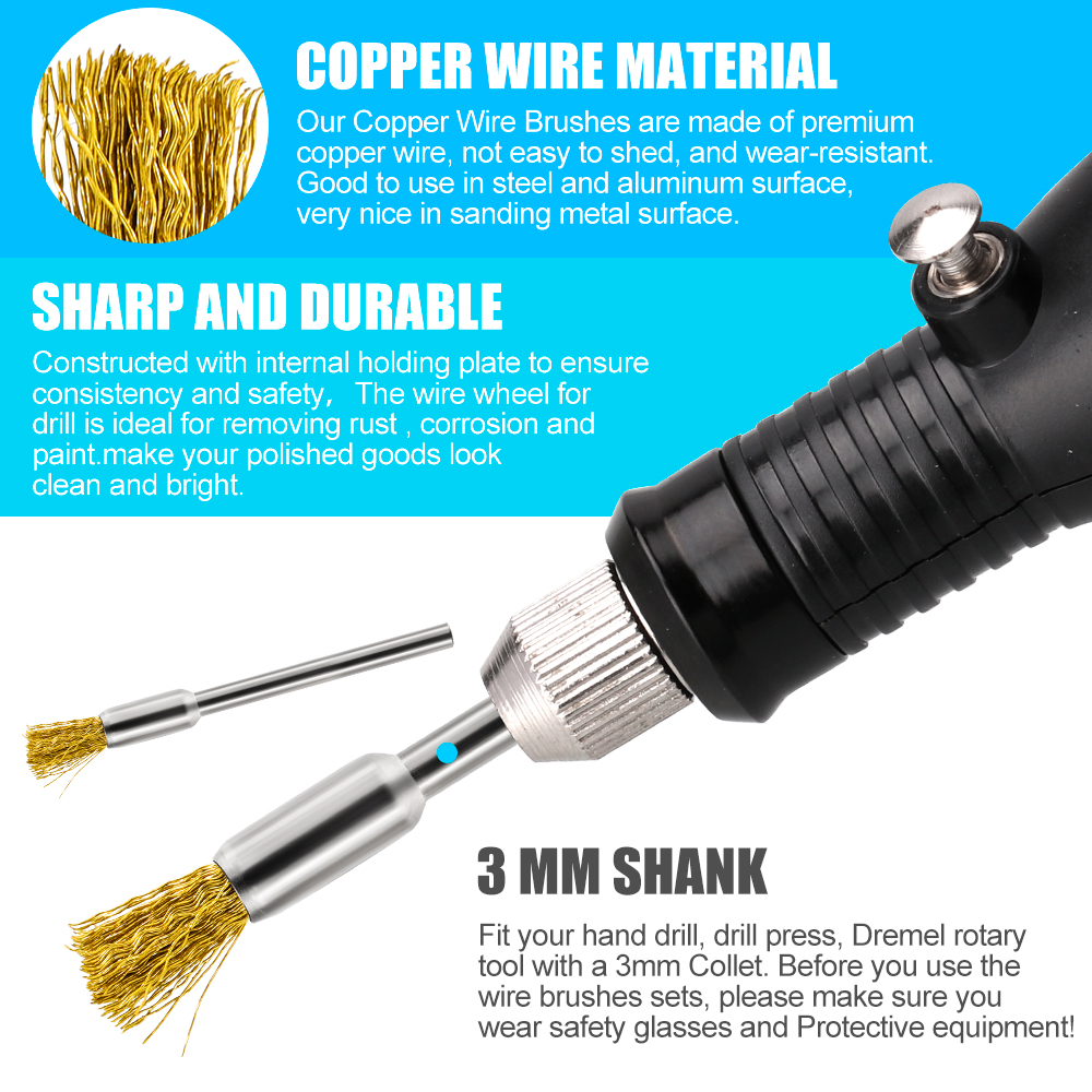CMCP 10/20pcs 3mm Shank Brass Wire Wheel Brush Polishing Brush for Mini Drill Metal Rust Removal Dremel Rotary Tools