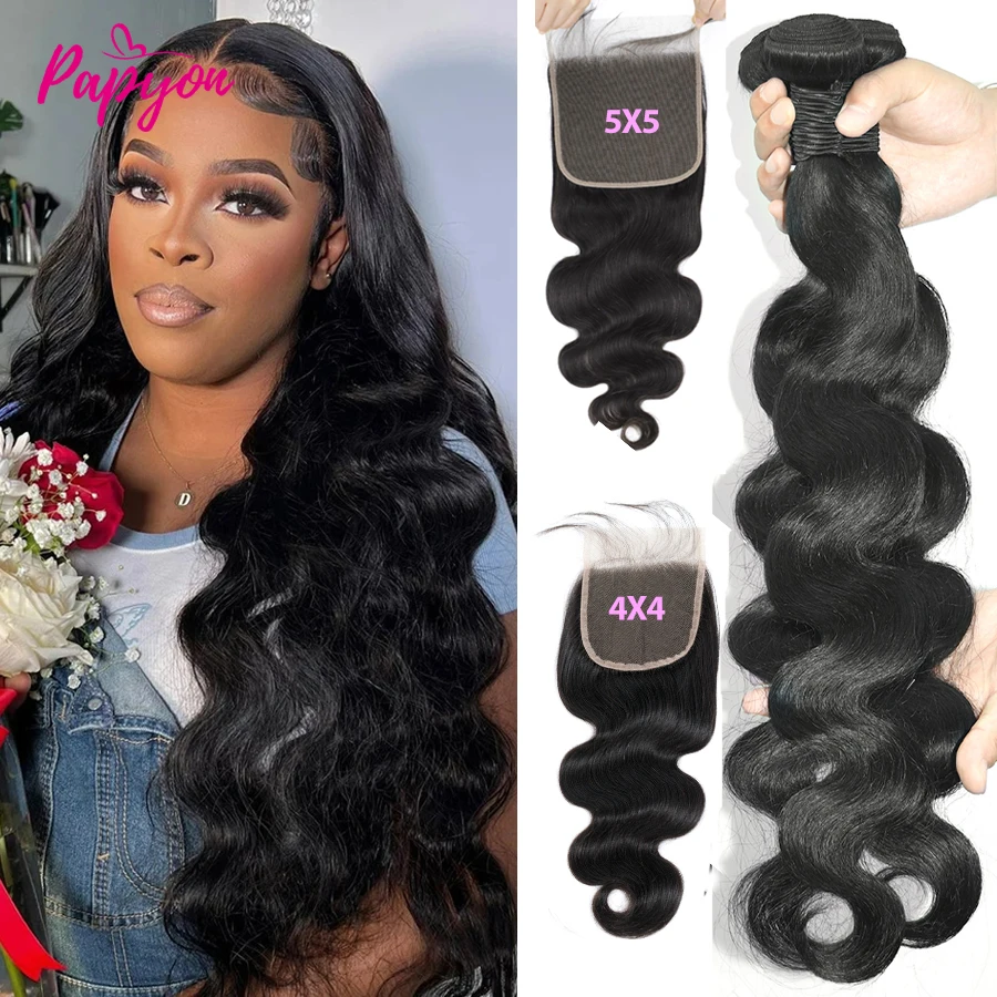 Extensiones de cabello humano con cierre 5x5, mechones brasileños ondulados con cierre, extensiones de cabello humano 4x4, 3/4 mechones Remy
