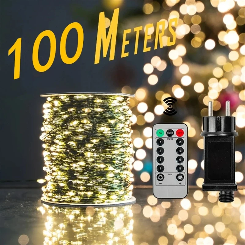 Guirnalda de luces LED de 1000LED, guirnalda navideña, luces decorativas para exteriores, impermeables con control remoto para árbol, calle, fiesta de boda