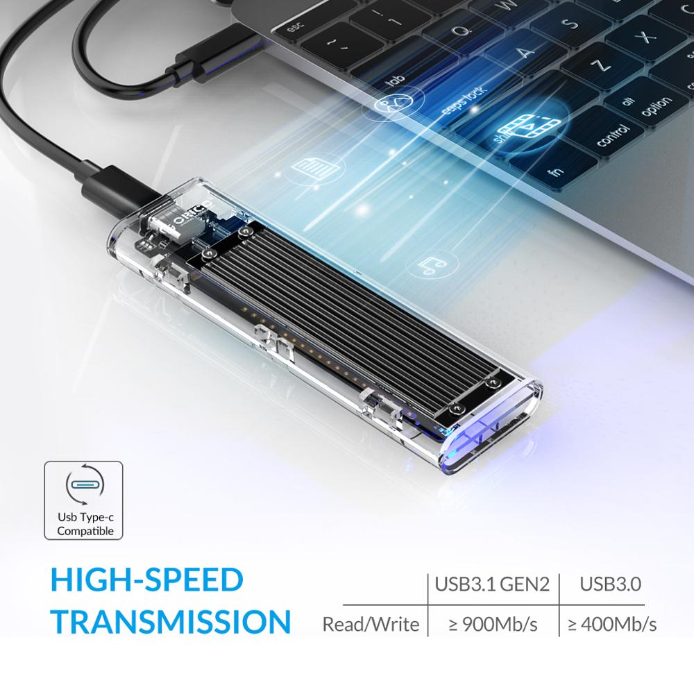 ORICO M2 SSD-Gehäuse NVMe-Gehäuse M.2 auf USB 3.2 Gen 2 10 Gbit/s Typ C Transparentes Festplattengehäuse für NVMe PCIE M/B Key SSD