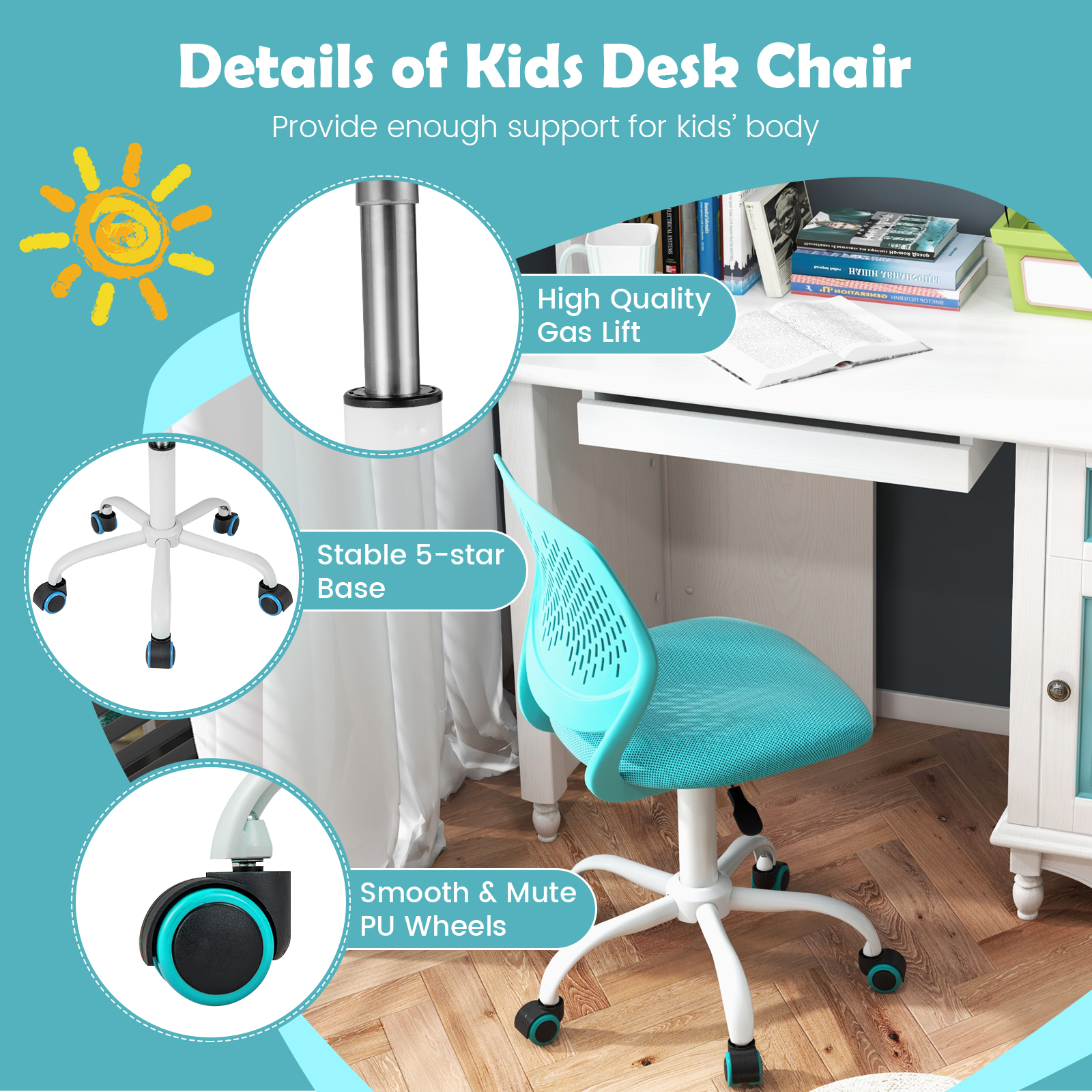 GOFLAME Kids Adjustable Mesh Chair, Ergonomic Armless Desk Chair with Ventilated PP Back & Soft Seat Cushion