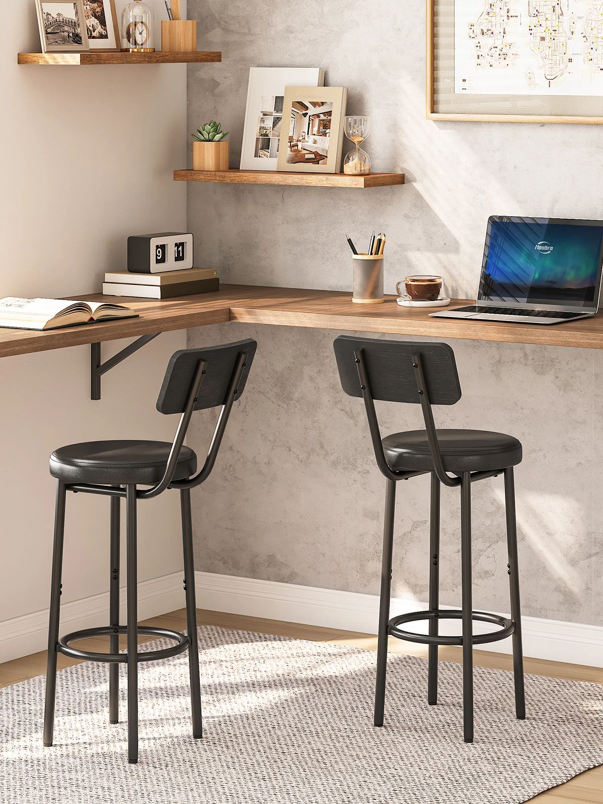 HOOBRO Bar Stools Set of 2 Bar Stools with PU Upholstered Bar Chairs with Footrest and Back 26" Bar Stools for Kitchen Island
