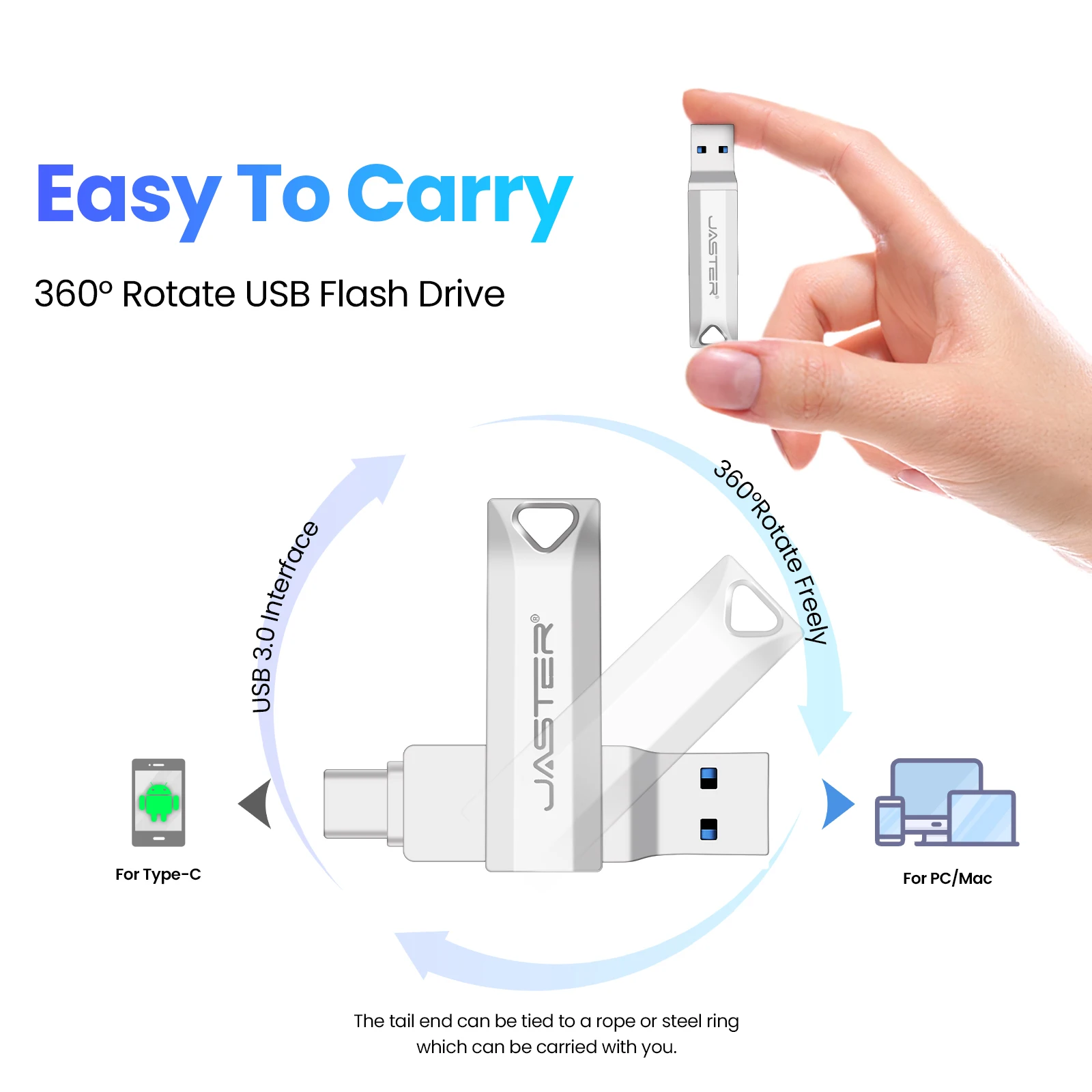 JASTER USB3.0 Type-C 2 IN 1 Pen Drive 256GB Free Key Chain USB 3.0 Flash Drive 128GB Business Memory Stick 64GB Metal USB Stick