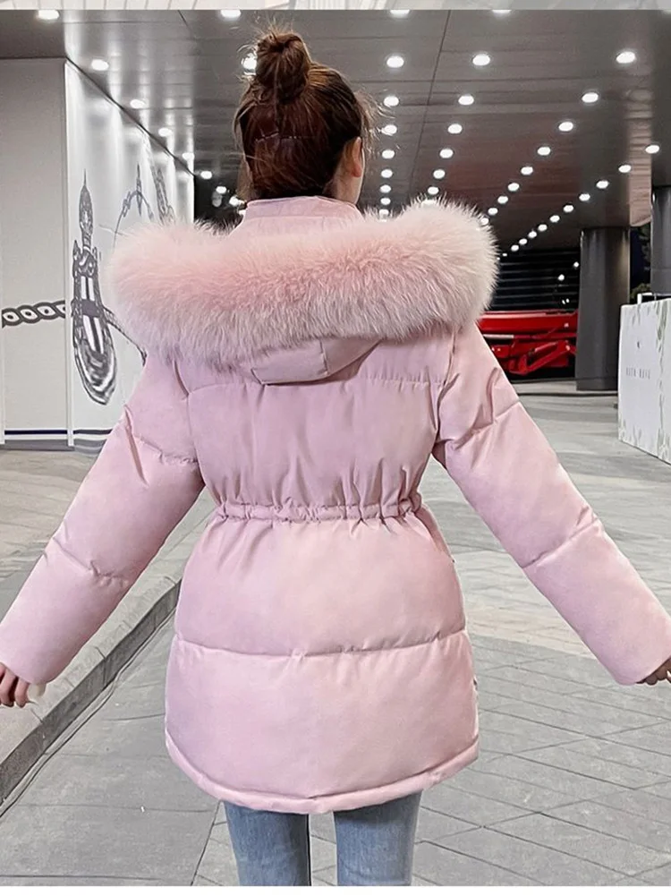 Hiver mince rose rembourré manteau fausse fourrure col à capuche Parkas coréen grande taille coton Jaqueta taille cordon Midi longueur vestes