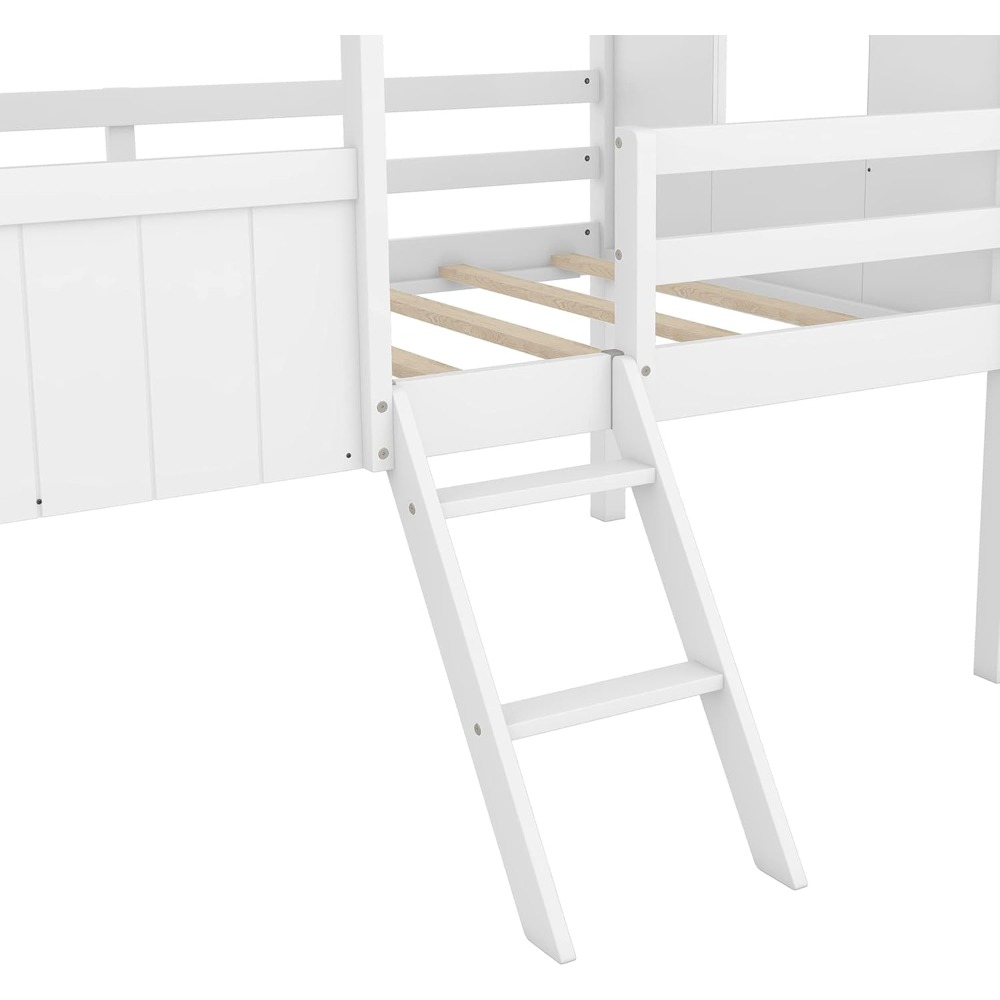 Twin House Bed for Kids Wood Low Loft Bed Frame with Windows and Roof, Easy Assembly, for Girls Boys (White+Gray)