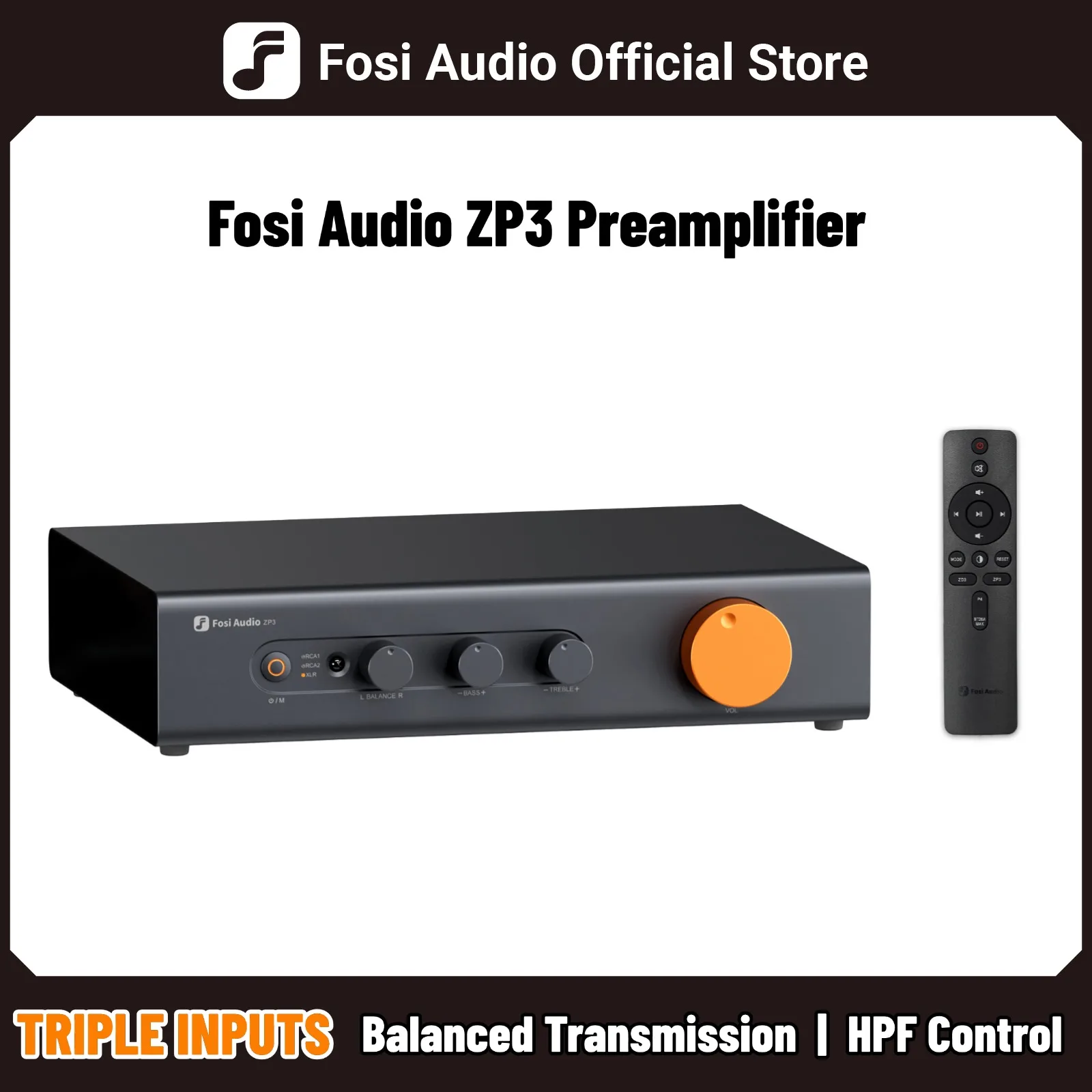 Preamplificador Fosi Audio ZP3 con preamplificador HiFi XLR/RCA/SUB OUT de 3 entradas/3 salidas con control de tono de filtro de paso alto HPF