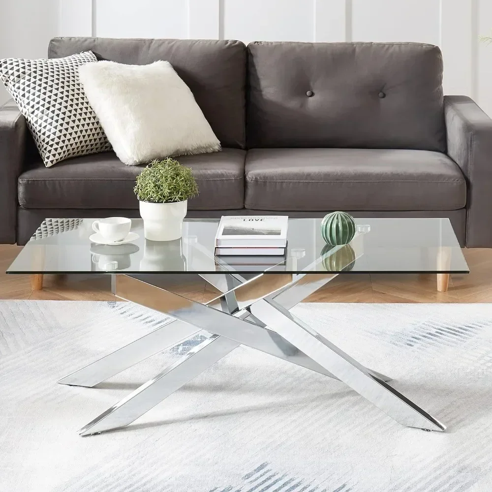 Rechteckiger moderner Couchtisch, Platte aus gehärtetem Glas und Metallrohrbeine, 47,3" L x 23,6" B x 18,1" H