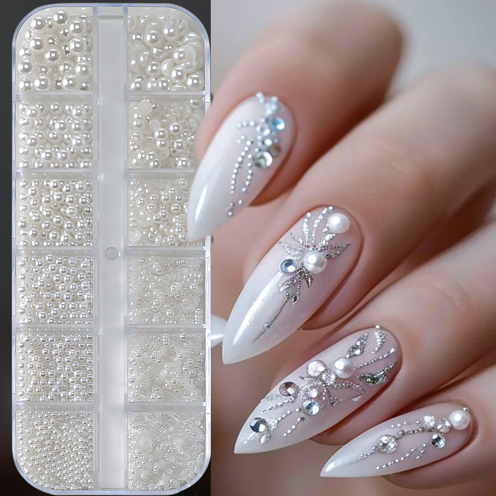 12 rejillas de perlas blancas mezcladas para uñas, cuentas redondas 3D/semicírculo, diamantes de imitación para decoración de uñas, accesorios de manicura, piezas DIY Y7%6K