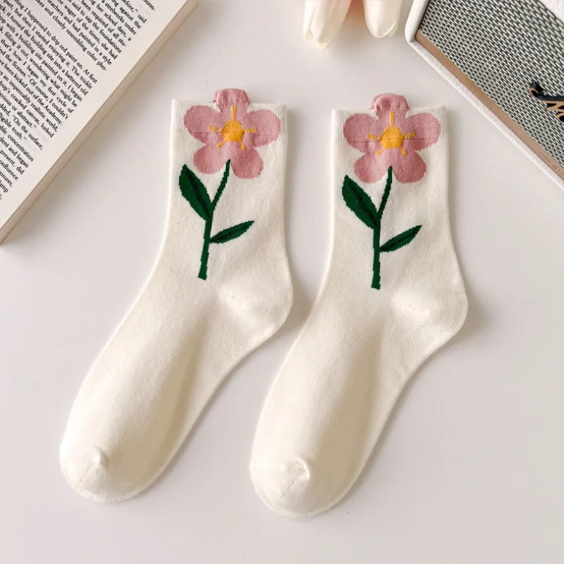 1 par de calcetines de mujer estilo japonés coreano dibujos animados flor Color caramelo Harajuku Kawaii calcetines de tubo medio calcetines cortos informales transpirables