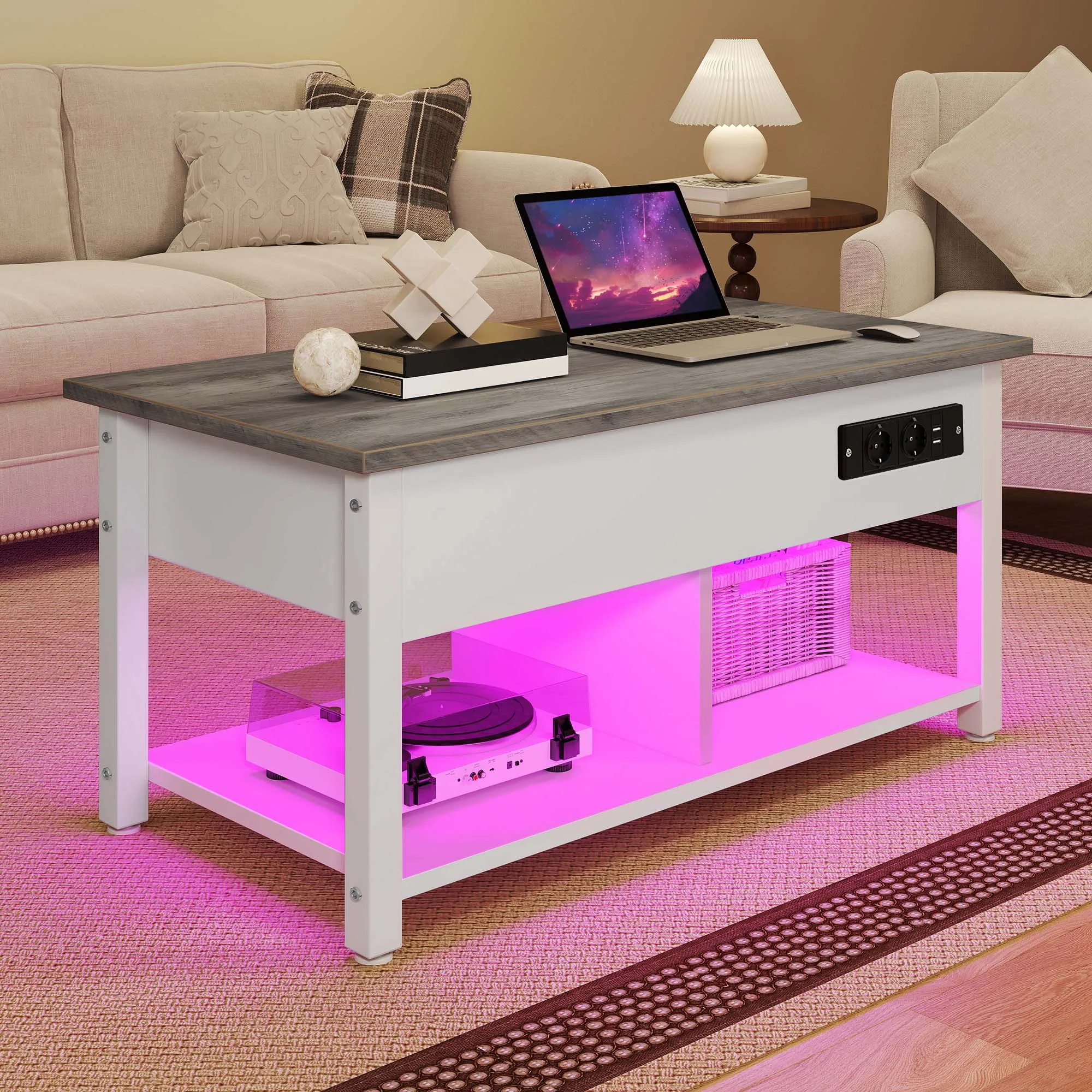 Mesa elevatória branca/cinza YITAHOME – altura ajustável com 2 níveis de armazenamento e compartimento LED oculto