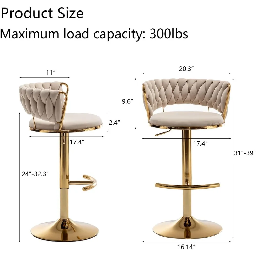 Velvet Stools Set of 4, Counter Height Bar Stools with Low Back, Gold Swivel Bar Stool for Kitchen Island, Bar Pub Stools