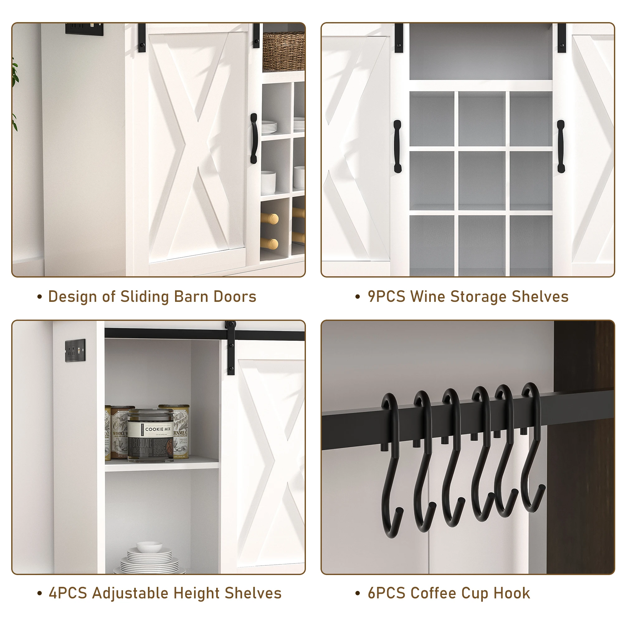 LED Coffee Bar Cabinet w/Sliding Barn Door, 6FT Outlet,Adjustable Shelf, Liquor Cabinet Bar w/9PCS Bottles Storage, 6PCS Hook