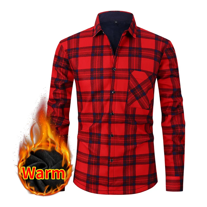 เสื้อเชิ้ตผู้ชายขนาดอเมริกันแขนยาวฤดูใบไม้ร่วงฤดูหนาว WARM PLUS ขนแกะหนาลายสก๊อตขนาดใหญ่แฟชั่นฟรีเหล็ก