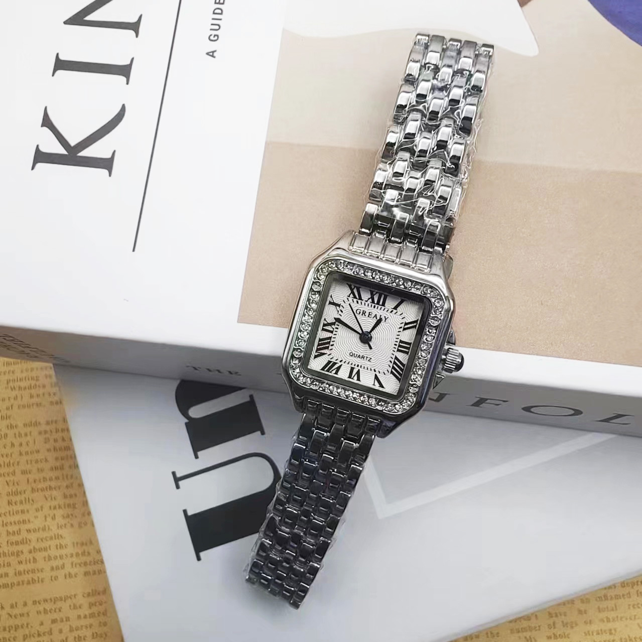 Relógio de pulso quartzo quadrado com pulseira de aço para mulheres, clássico, prata, simples, luxo, marca, moda, senhoras