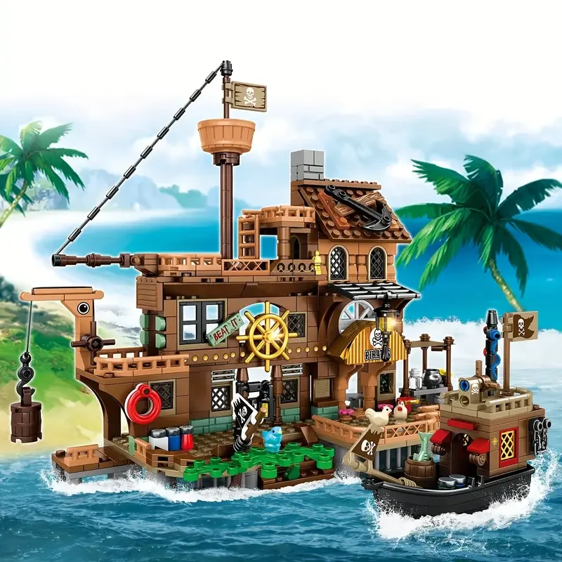 Creative ยุคกลาง Pirate Island Fortress ปราสาทอาคารบล็อกผจญภัยเรือ Log Cabin เรือประกอบอิฐของเล่นเด็กของขวัญ