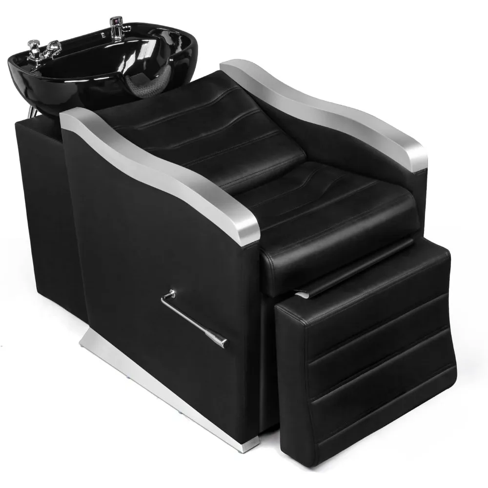 Backwash Barber Chair with Ceramic Shampoo Bowl, Reclining Footrest, All Plumbing Kits Included, Hair Washing Station ftation