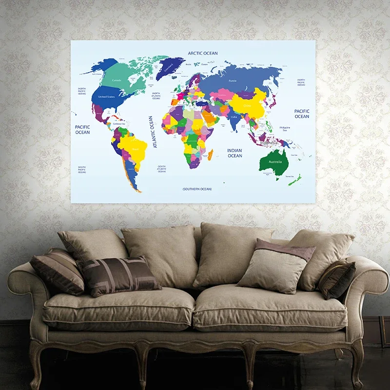 Mapa del mundo, pintura de pared de 100x70cm, lienzo no tejido, póster artístico, impresiones decorativas modernas, suministros de estudio para habitación, oficina y escuela