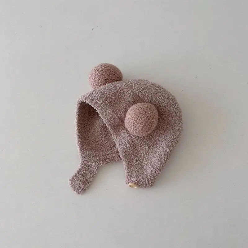 Leuke Winter Warm Kinderen Meisje Jongens Baby Hoeden Fleece Wol Zomen Caps met Bal Effen Wol Gehoorbescherming Hoeden Zachte Pasgeboren Motorkap