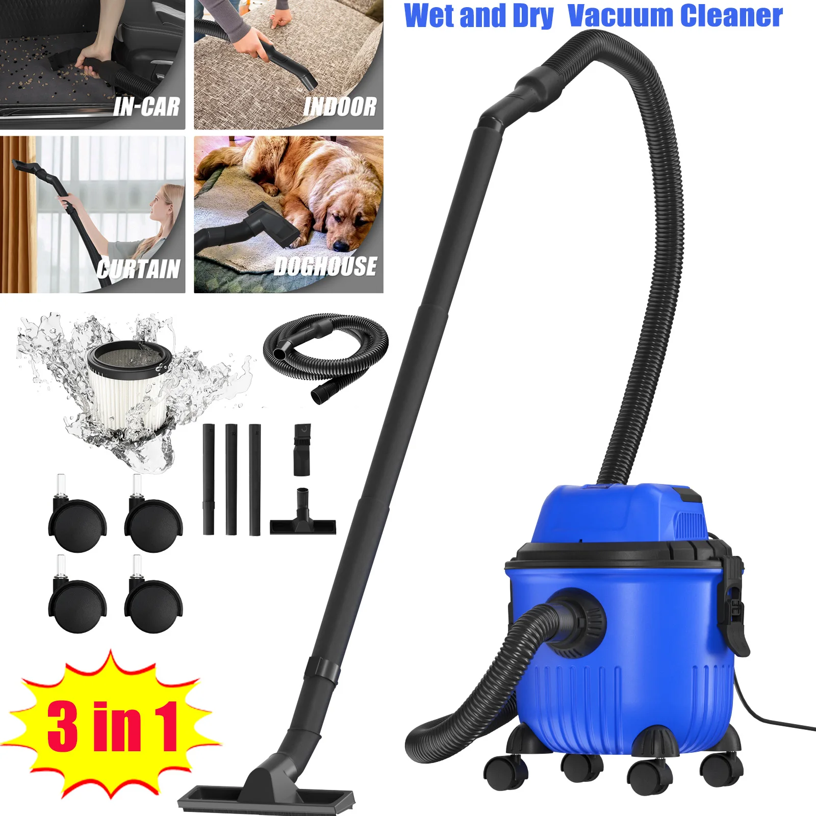 DayPlus 3-in-1-Nass- und Trockensauger, leistungsstarker 5000 W leichter Boden- und Teppich-Staubsauger ohne Beutel, 15 l, 35 kPa für Zuhause