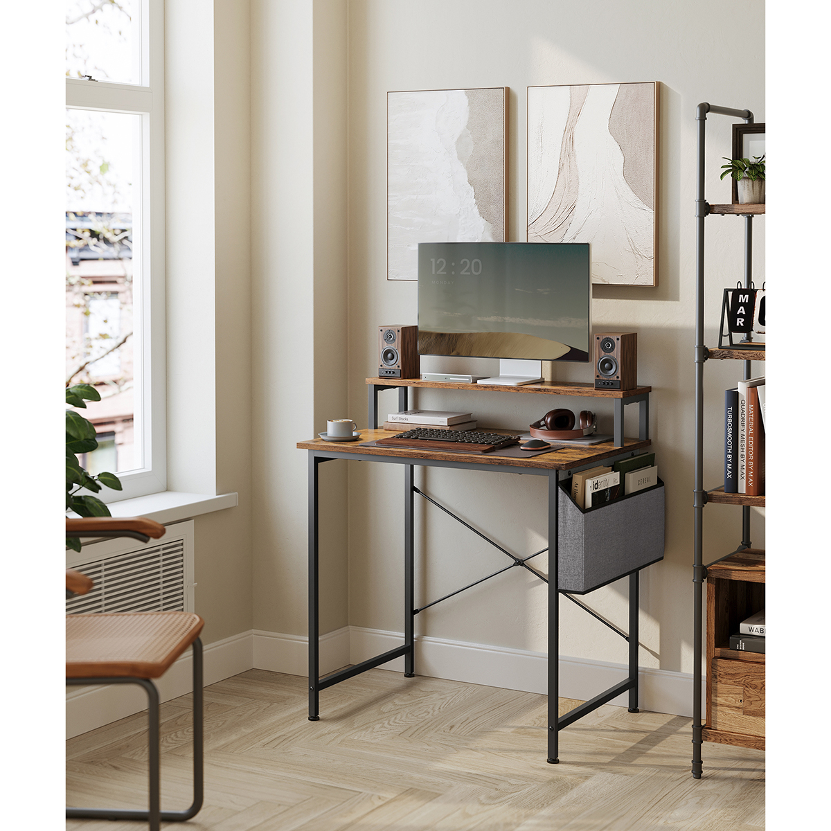 VASAGLE Computer Desk with Monitor Riser, Fabric Pouch, X-Bar Reinforcement Bars, Adjustable Legs, 55 x 80 x 90.5 cm