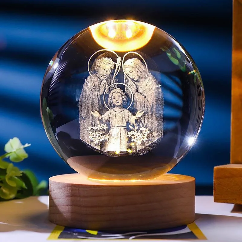 ユニークなイエス 3D クリスタル ボール ナイトライト 木製 LED ベース付き、クリエイティブ 3D 彫刻クリスタル ボール卸売クラフト ギフト、に最適