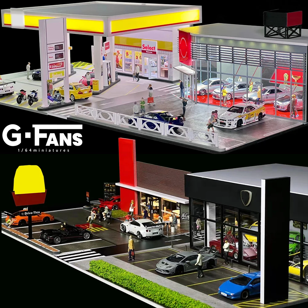 Gfan novo modelo escala 1:64 diorama carro garagem modelo com luzes led estacionamentos cidade diy modelo conjuntos coleção exibição presentes