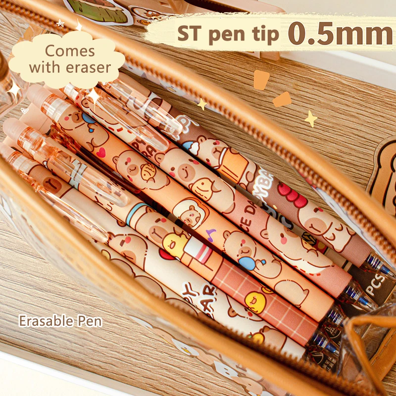 6 ชิ้นน่ารัก Capybara Erasable ปากกาหมึกสีฟ้าการเขียน Smooth Quick - Drying ปากกาอุปกรณ์สํานักงานโรงเรียนนักเรียนเครื่องเขียนของขวัญ