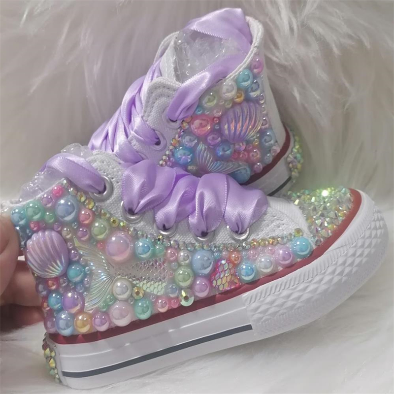 Dollbling シェルシミュレーション DIY ブリンブリン手作り靴キャンバス人魚のテーマ子供ハイトップ真珠スニーカー海の下の靴