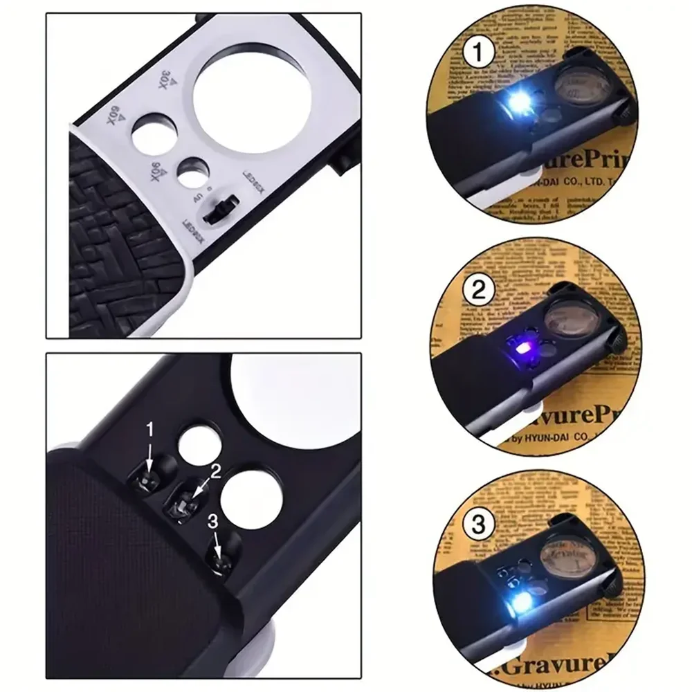 Lupa de aumento Triplex portátil 30X-90X-Lupa de joyería con luz LED/UV deslizante para gemología de precisión y micrograbado