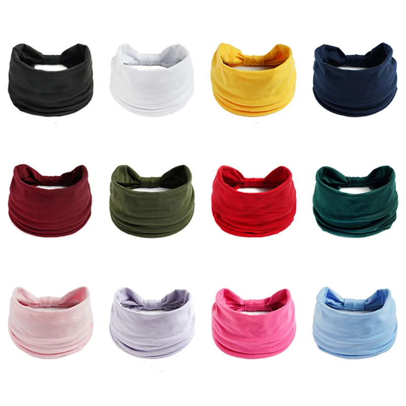 Novo boho cor sólida larga headbands vintage nó elástico turbante headwrap para mulheres meninas algodão macio bandana acessórios de cabelo