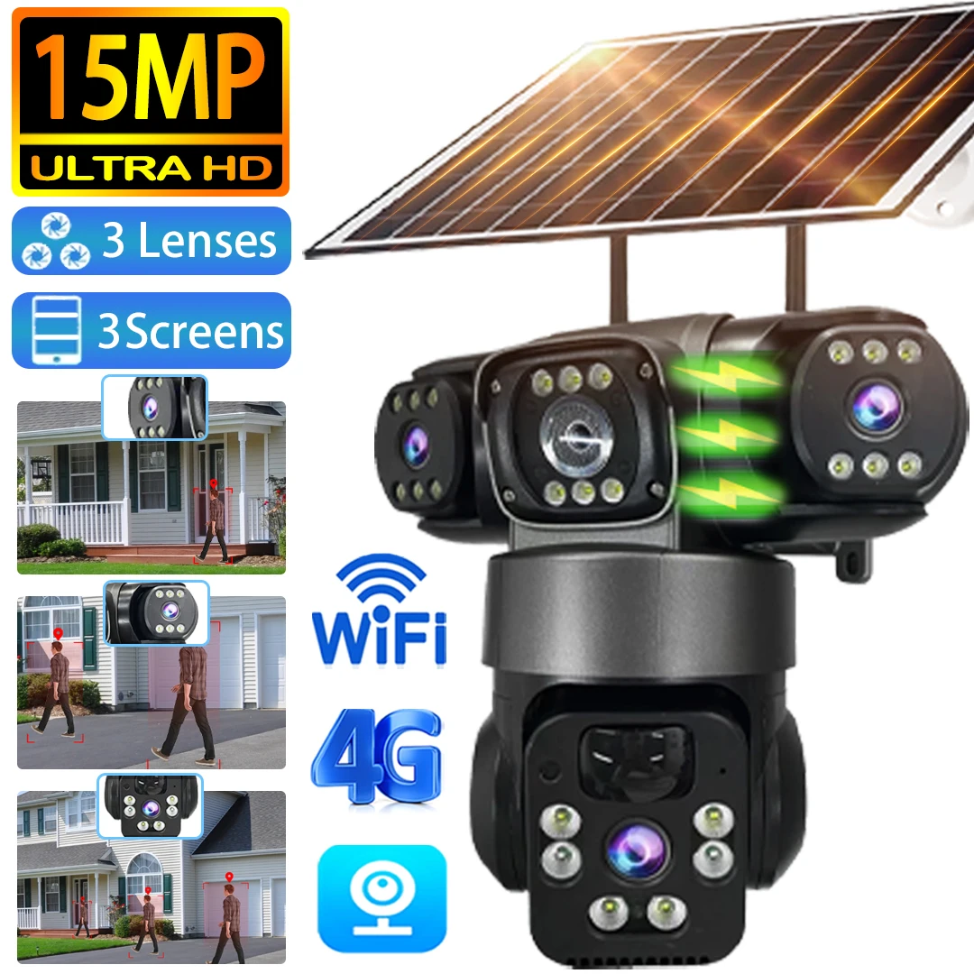 15MP 3 lentes 3 pantallas Wifi o 4G Sim cámara Solar vigilancia en exterior inalámbrica Cctv PTZ IP66 cámaras de Panel Solar de seguridad V380