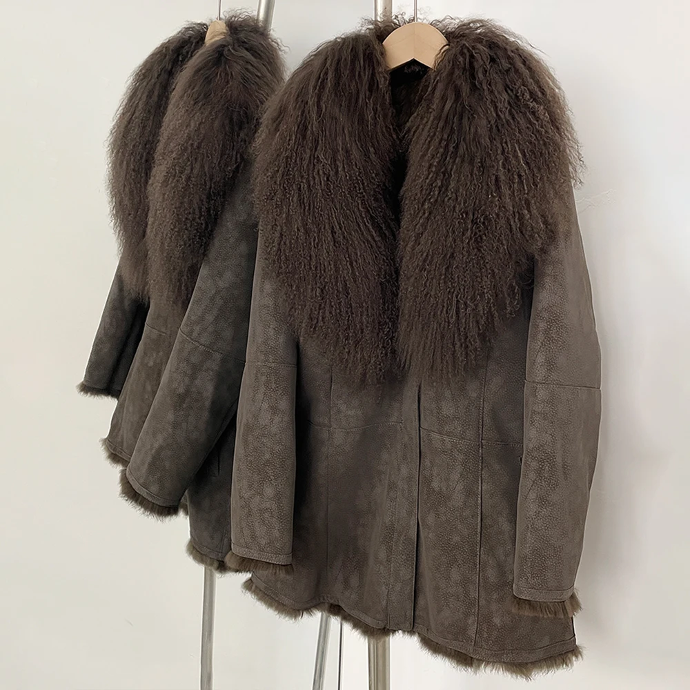 OFTBUY Echtpelz Jacke Wildleder Herbst Winter Echte Mongolischen Schafe Kragen Pelzmantel Frauen Kaninchen Fell Futter Langarm pelz trim