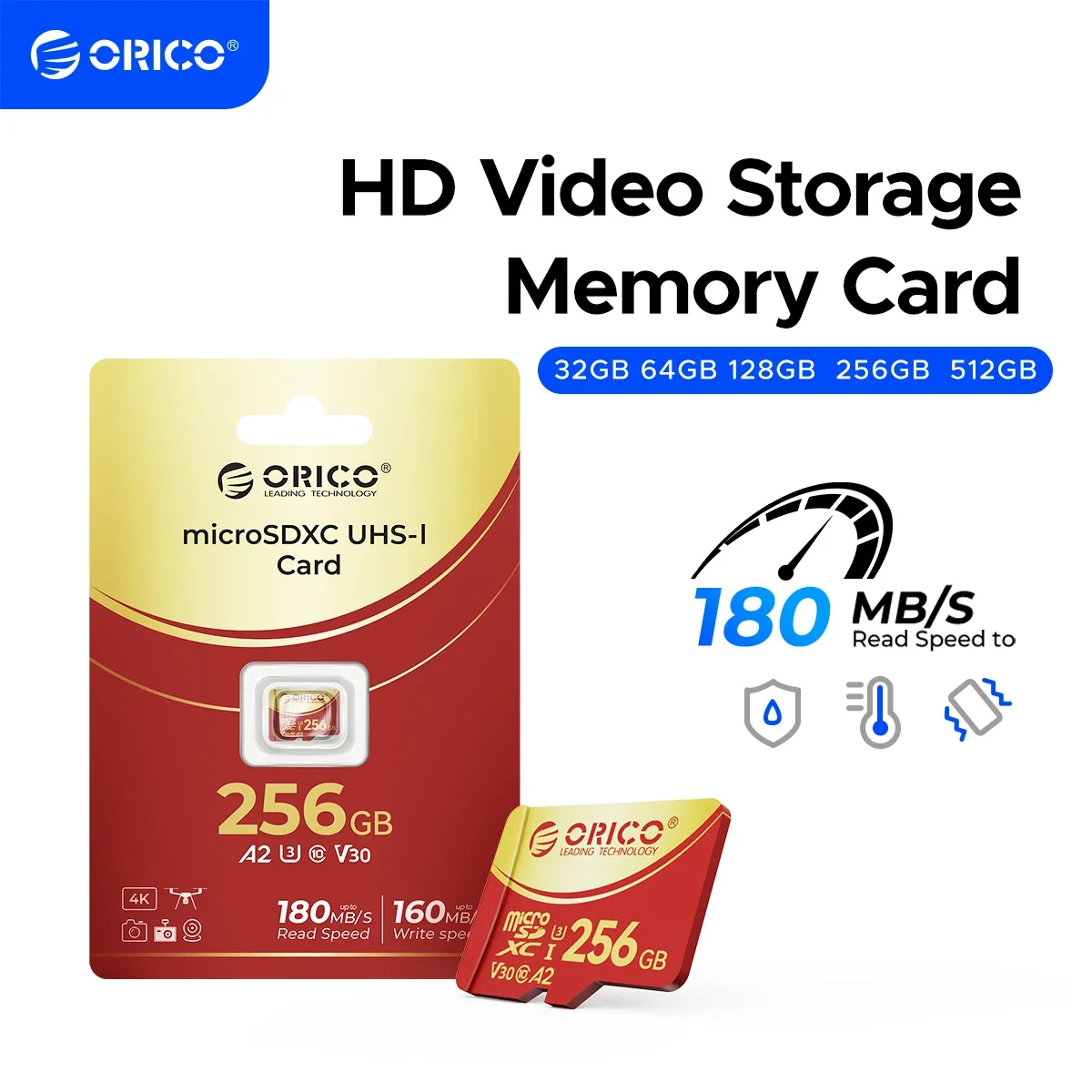 ORICO 256 ГБ Micro SD microSDXC R/W до 180 МБ/с Full HD и 4K UHD C10, U3, V30, 4K, A2 для камеры, дрона, видеорегистратора